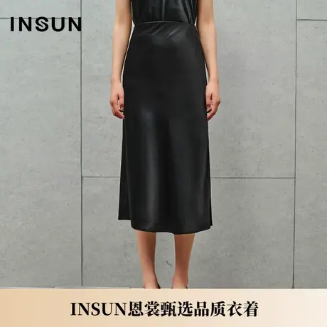 INSUN恩裳夏季斜裁工艺垂坠黑色醋酸直筒裙图片