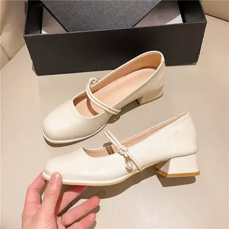 仙女鞋温柔浅口小方头单鞋女粗跟晚风玛丽珍鞋子配裙子淑女伴娘鞋商品大图