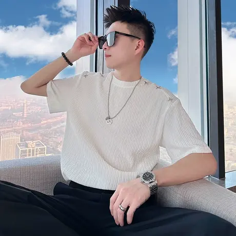 短袖t恤夏季潮牌重磅网红金属半袖上衣纯色肌理感潮流半截袖体恤图片