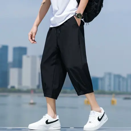 纯色冰丝坠感夏季薄款哈伦裤男阿美咔叽冷淡风黑色六7分裤高街潮图片