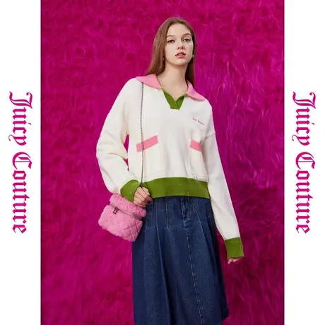Juicy Couture橘滋秋季装女装年新款水蜜桃撞色刺绣翻领毛衣图片