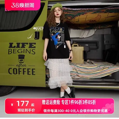 妖精的口袋拼接蕾丝网纱假两件t恤连衣裙女2023春新款宽松设计感商品大图