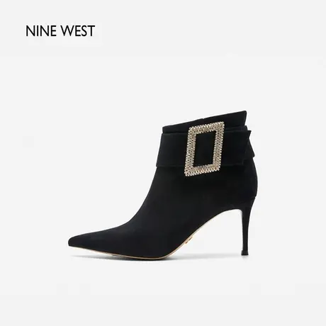 Nine West/玖熙尖头方扣水钻羊反绒短靴2023冬新款细跟优雅时装靴商品大图