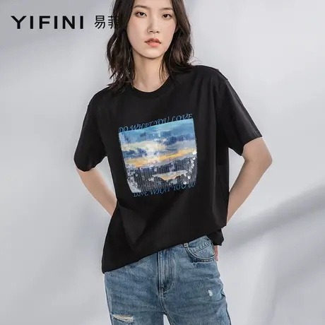 Yifini/易菲宽松短袖圆领T恤女夏季新款经典休闲运动上衣女士商品大图