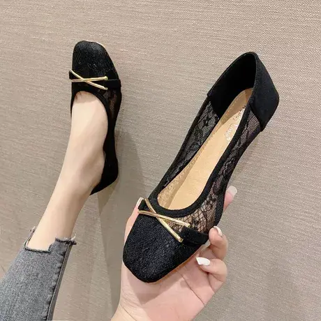 蕾丝网纱透气平底单鞋女2023春夏季方头浅口孕妇鞋工作上班豆豆鞋图片