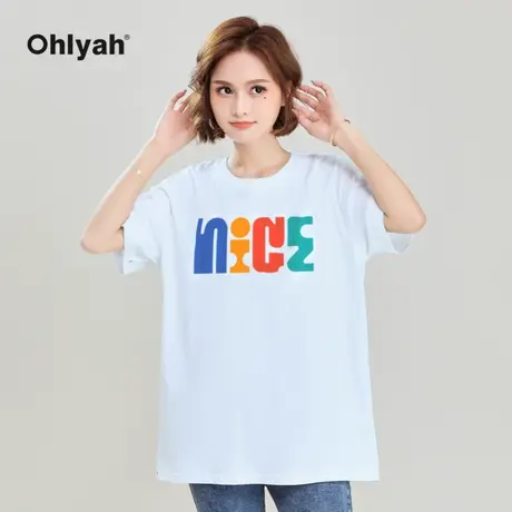 Ohlyah品牌 t恤短袖女装港风彩色字母涂鸦印花上衣服大码白色圆领商品大图