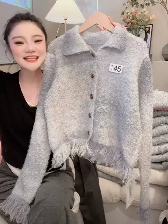 小众设计感晕染针织开衫女2023秋装新款复古时尚宽松流苏翻领毛衣商品大图