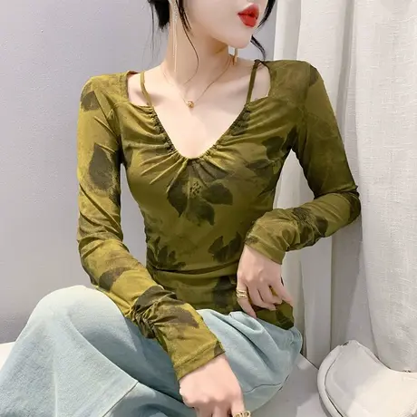 设计感褶皱抽绳上衣性感网纱印花T恤女长袖个性洋气修身打底衫图片