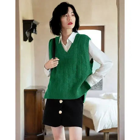 弥古绿色v领针织马甲女春秋复古开叉格纹背心宽松高级感外搭上衣图片
