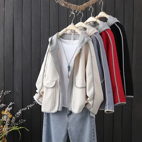 文艺拼色连帽短外套女士春季新款宽松百搭休闲拉链长袖上衣棒球服图片