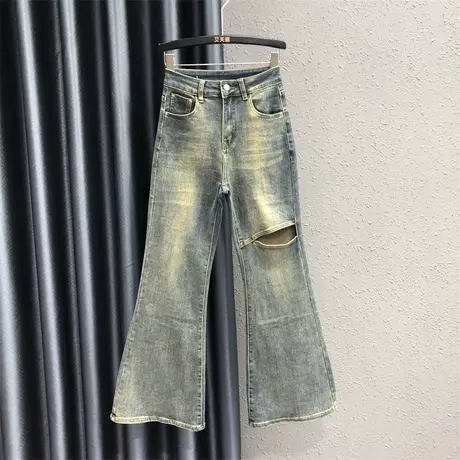 怀旧复古镂空设计感牛仔微喇裤女秋季新款高腰显瘦辣妹阔腿喇叭裤商品大图