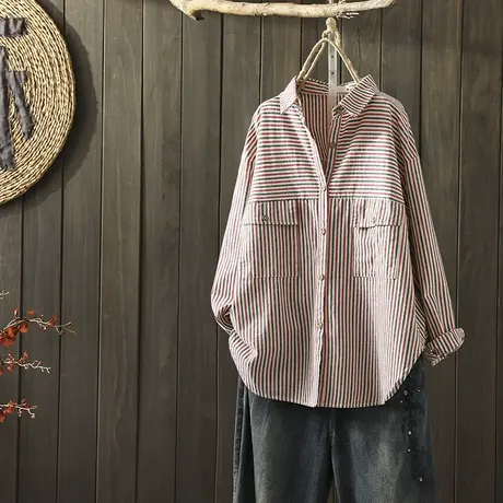 枫谜2019年秋装新款 文艺简约 双口袋条纹长袖衬衫女棉质宽松衬衣图片