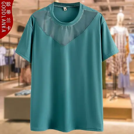 中年妈妈夏装短袖t恤女2023新款大码宽松时尚网纱拼接纯棉T恤上衣商品大图