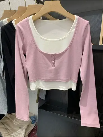 假两件T恤女长袖2023春季新款修身显瘦短款紧身纯欲风上衣打底衫商品大图