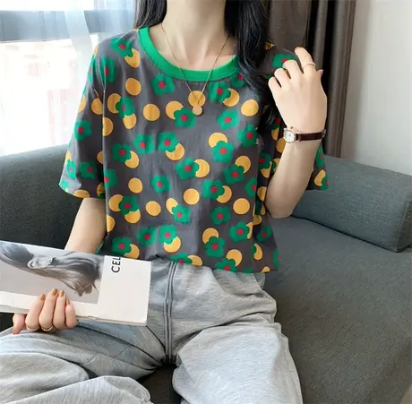 印花t恤女短袖2023年春夏新款韩版宽松简约体恤打底衫女内搭上衣图片