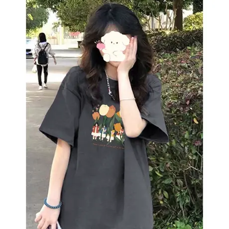 ins超火复古港味短袖T恤女2023新款夏装宽松百搭纯棉半袖上衣显瘦商品大图