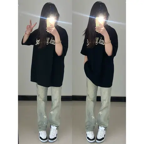 夏季2023新款美式复古纯棉短袖t恤女潮牌小众设计感半袖宽松上衣商品大图