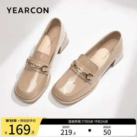 意尔康女鞋2023秋季女士单鞋英伦风小皮鞋粗跟方头乐福鞋漆皮通勤商品大图