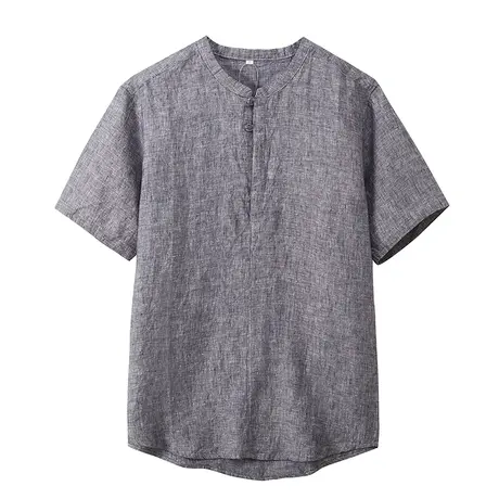 亚麻夏季薄款短袖衬衫男休闲宽松纯色中国风中年男士棉麻潮流衬衣商品大图