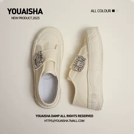 复古方头网面小白鞋面包鞋女2023秋季新款透气两穿厚底水钻帆布鞋商品大图