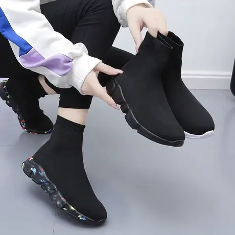 弹力袜子鞋女2023新款高帮运动鞋秋冬全黑老北京布鞋女妈妈鞋防滑商品大图