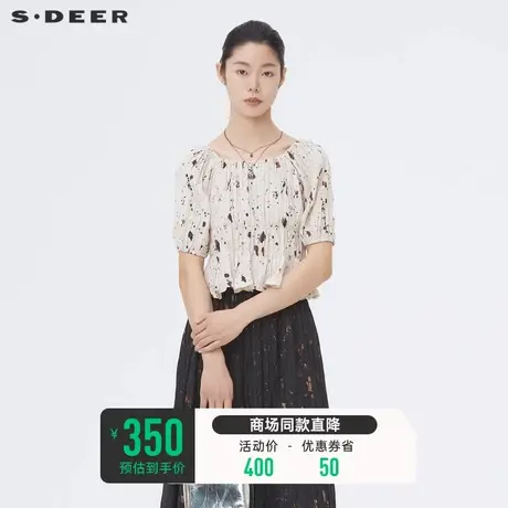 sdeer圣迪奥复古方领短袖女款衬衫撞色印花褶皱雪纺上衣S22280428商品大图