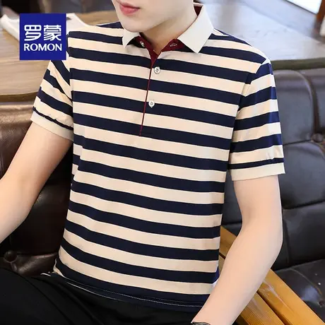 罗蒙男士条纹短袖Polo衫夏季薄款纯棉带翻T恤商务休闲冰丝上衣服商品大图