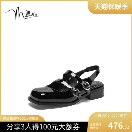 millie's妙丽2023夏牛皮时尚气质包头学院风玛丽珍女凉鞋Y2718BH3图片
