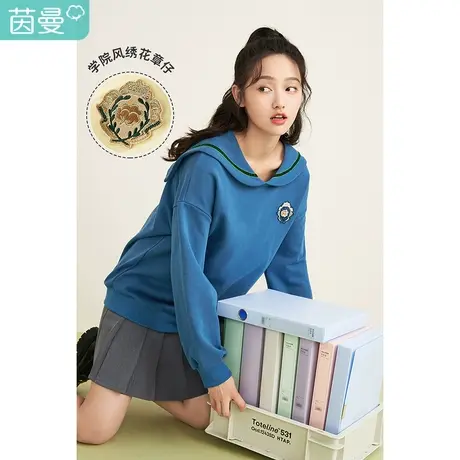 茵曼宽松女2023春季新款海军翻领绣花套头休闲学院百搭新疆棉卫衣图片