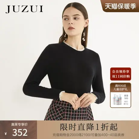 JUZUI/玖姿奥莱官方冬季新款山羊绒优雅蕾丝圆领针织毛衫女图片