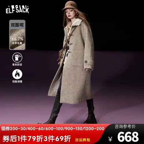 妖精的口袋牛角扣双面呢大衣女2023冬季新款长款英伦风毛呢外套图片