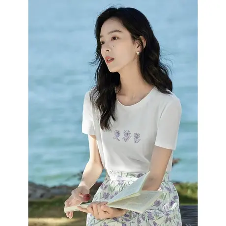 茵曼田园休闲T恤2023夏季女装新款趣味绣花修身显瘦圆领短袖上衣商品大图