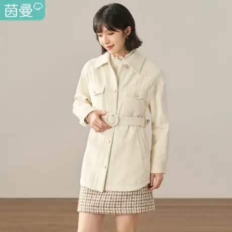 【商场同款】茵曼冬女装新款简约翻领百搭后背绣花中长款外套图片