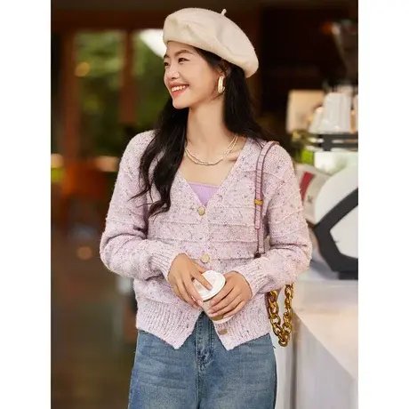 时尚气质设计感V领开衫毛衣女士2023年秋季新款百搭显瘦短外套商品大图