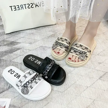 2020夏季欧美新款厚底一字拖时尚链条珍珠拖鞋平底防滑沙滩女凉拖商品大图