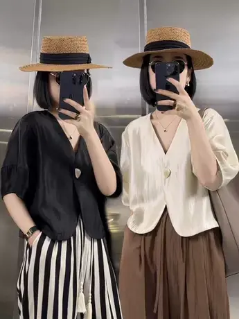 珠光缎设计感灯笼袖V领一粒扣泡泡短袖开衫夏季休闲百搭减龄上衣商品大图