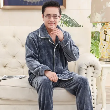 珊瑚绒男士睡衣秋冬季大码长袖中老年爸爸家居服套装新款法兰绒图片