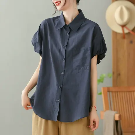 dza 复古口袋白色纯棉衬衫女2023夏薄款短袖衬衣宽松显瘦开衫上衣图片