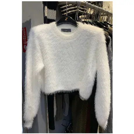 韩版温柔气质毛绒圆领马海毛短款毛衣女2022秋季新品高腰纯欲上衣商品大图