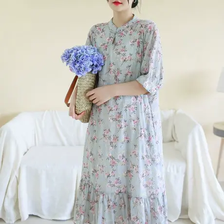 胖妹妹夏季2023新中式雪纺刺绣旗袍裙 加大码复古水滴扣旗袍长裙图片