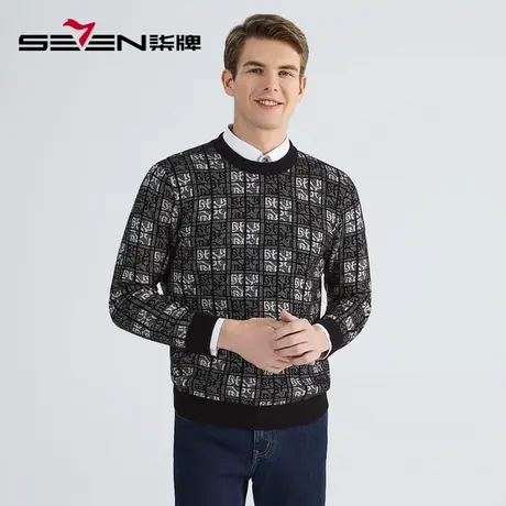 柒牌清仓男士雪尼尔毛衣冬季时尚潮流字母提花圆领厚毛衫商品大图