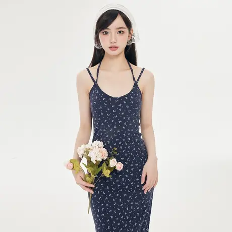 尔给夏季新款开叉收腰碎花连衣裙女显瘦气质吊带裙复古法式图片