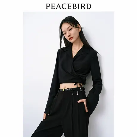 太平鸟 夏季莱赛尔醋酸绑带V领衬衫女士休闲长袖上衣图片