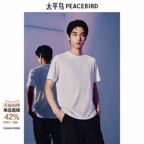 太平鸟男装韩版时尚纯色刺绣短袖T恤夏季白色刺绣打底衫潮商品大图