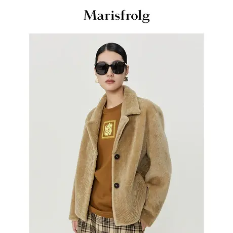 【复古外套】玛丝菲尔2022冬季油棕色短款夹克羊皮革短外套图片