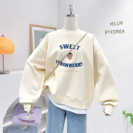 ins甜美奶油系上衣女2023春秋新款韩国东大门字母假两件长袖卫衣商品大图