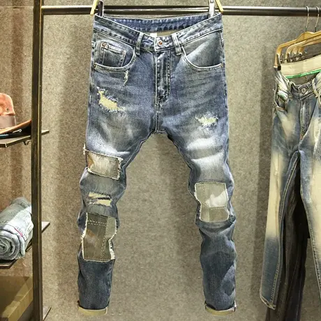 秋冬款痞帅牛仔裤男款潮牌补丁磨毛修身小脚裤个性撞色拼接长裤子商品大图