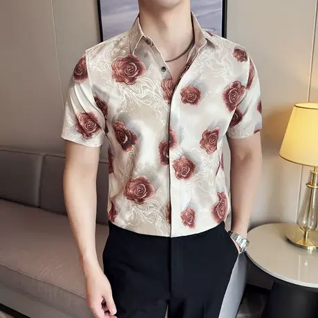 夏季印花冰丝短袖衬衫男高级感痞帅时尚休闲免烫衬衣潮流暗扣上衣商品大图