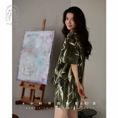 妮狄娅睡衣女夏季凉感柔软棉短袖开衫款可外穿特色国风家居服套装商品大图