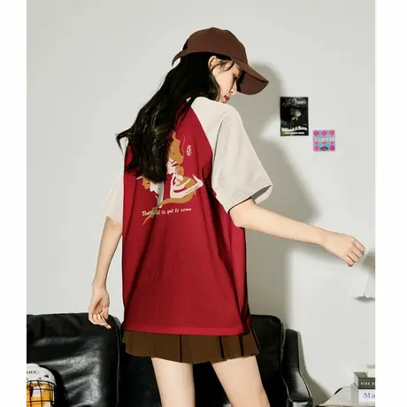 唐狮2024龙年新年衣服后背印花短袖T恤女复古夏季插肩袖上衣潮sz商品大图